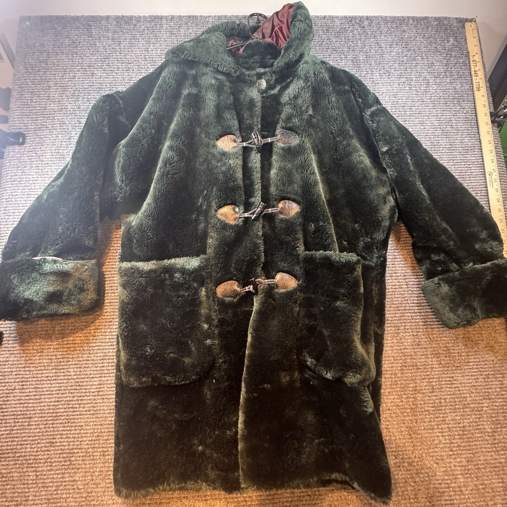Kent Street Vintage Faux Fur Hooded Coat Dark Green Toggle Closure Sz L Made USA